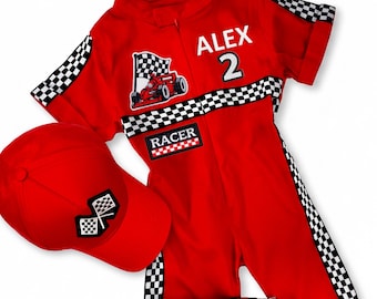 Personalized Race Car Suit Kids, Custom Name Short Sleeve Romper, Toddler Halloween Racer Costume