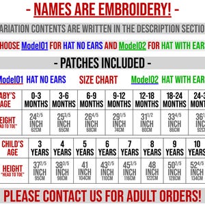 May include: Size chart for embroidered hats with and without ears. The chart shows head circumference measurements in inches and centimeters for babies and children from 0-3 months to 10 years old. The text "NAMES ARE EMBROIDERY!" and "PLEASE CONTACT US FOR ADULT ORDERS!" is also visible.