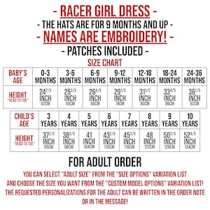 May include: Size chart for a racer girl dress with embroidered names and patches included. The chart shows sizes for babies from 0-3 months to 24-36 months and children from 3 years to 10 years. Measurements are in inches and centimeters.