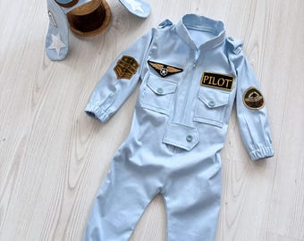 Light Blue Air Force Pilot Costume Kids-Toddler Pilot Jumpsuit-Halloween Costume