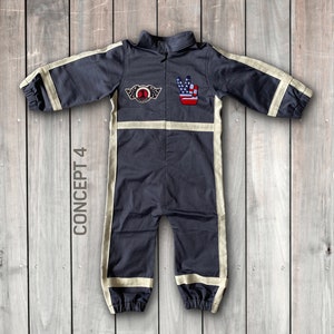 May include: A dark gray jumpsuit with white trim and patches. The patches feature a peace sign with an American flag design and a winged number one with the text "Champion". The text "CONCEPT 4" is written vertically on the left side of the image.