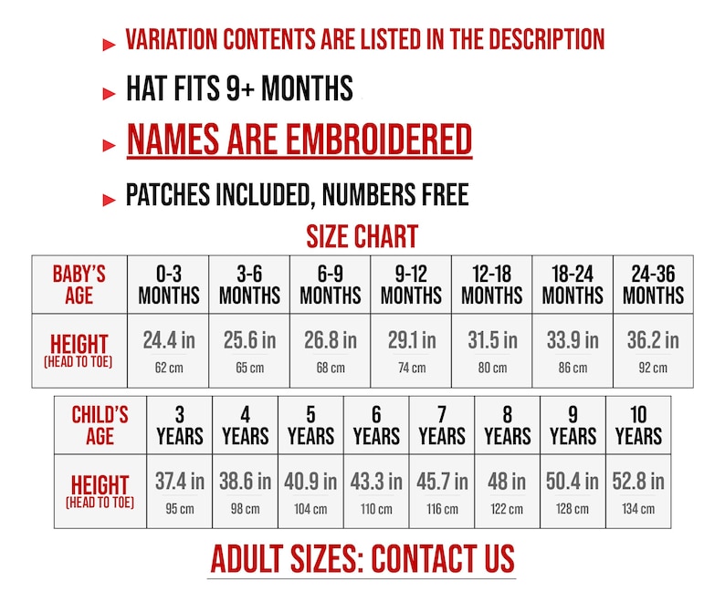 A clear and organized size guide for the kids' golf caddy uniforms, ranging from 0-3 months up to 10 years old. The table provides measurements for height and waist in both inches and centimeters. It also includes a note advising customers to contact the shop directly for custom adult sizes to ensure an accurate fit for everyone.