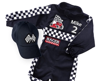 Black Race Car Costume with Name | Kids Racing Birthday Outfit | Fast One or Two Fast Party Suit | Toddler Racer Jumpsuit