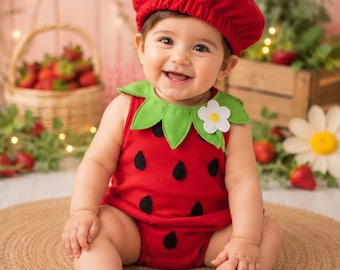 Babykostuum aardbei, handgemaakte fleece romper, outfit 1e verjaardag, Halloween-fotorekwisiet