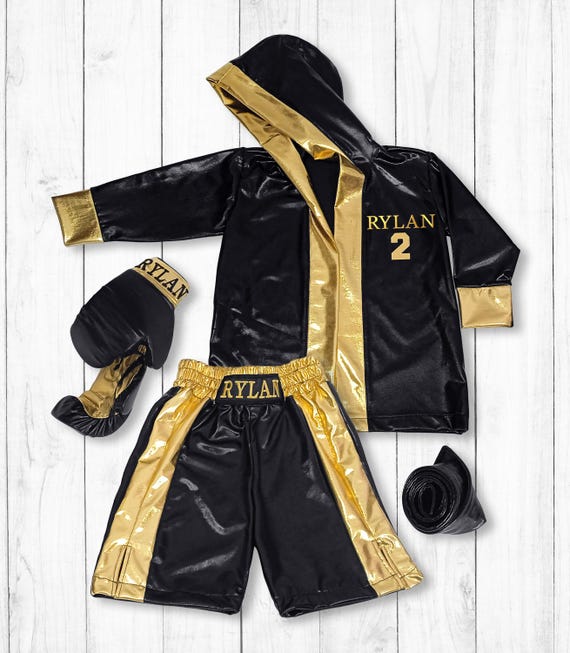 Set Accappatoio Con Cappuccio E Guantoni Da Boxe Per Bambini, Raso, Finiture Oro, Con Cintura, Taglie 5-16 Anni, Costume Cosplay - 2