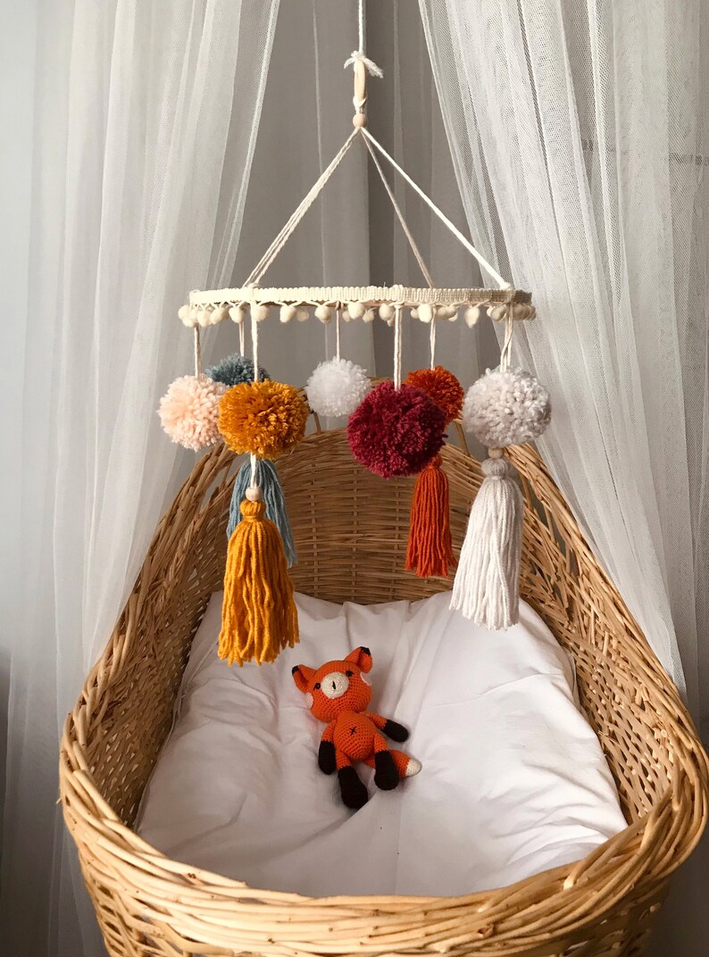 Pom Pom Baby Mobileboho Nursery Decorboho Rainbow Etsy
