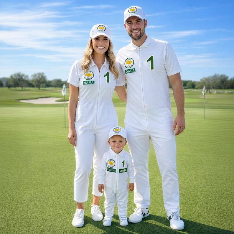 A happy family of three—mother, father, and toddler—posing on a lush green golf course. They are all wearing matching custom white golf caddy jumpsuits with green patches and white hats. This visual highlights the "Matching Family Outfits" trend, perfect for sports-themed photo shoots or attending a professional tournament.
