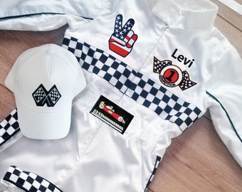 Custom Race Car Birthday-Halloween Costume Overalls-Race Suit-1st Birthday Gift-Photography Props-White Checker