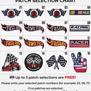 Custom name patch racing costume set for second birthday celebration. Red fabric with checker race stripe details and professional race car jacket styling. Personalized baby boy racing suit featuring ALEX 2 embroidery. Formula racing jacket inspired design for cars birthday party theme. Two fast birthday invitation matching outfit. Premium quality kids racing jumpsuit for auto racing themed events.