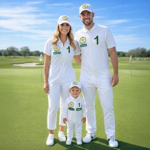 May include: Three white jumpsuits with matching white baseball caps. Each jumpsuit features a green number 1 on the chest, a circular logo, and a name tag reading MAMA, DADA, or ROMEO. The garments have a front zipper closure and short sleeves.