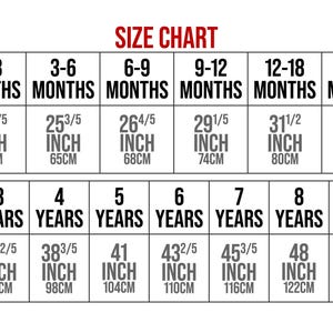 May include: Size chart for baby and child clothing, showing age ranges in months and years, with corresponding height measurements in inches and centimeters.