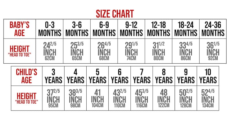 May include: Size chart for baby and child clothing, showing age ranges in months and years, with corresponding height measurements in inches and centimeters.