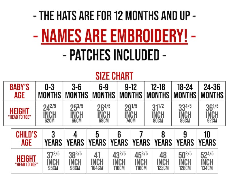 May include: Size chart for baby and children's hats. The chart shows the age in months and years, height in inches and centimeters, and corresponding hat size. The chart also states that the hats are for 12 months and up, names are embroidered, and patches are included.