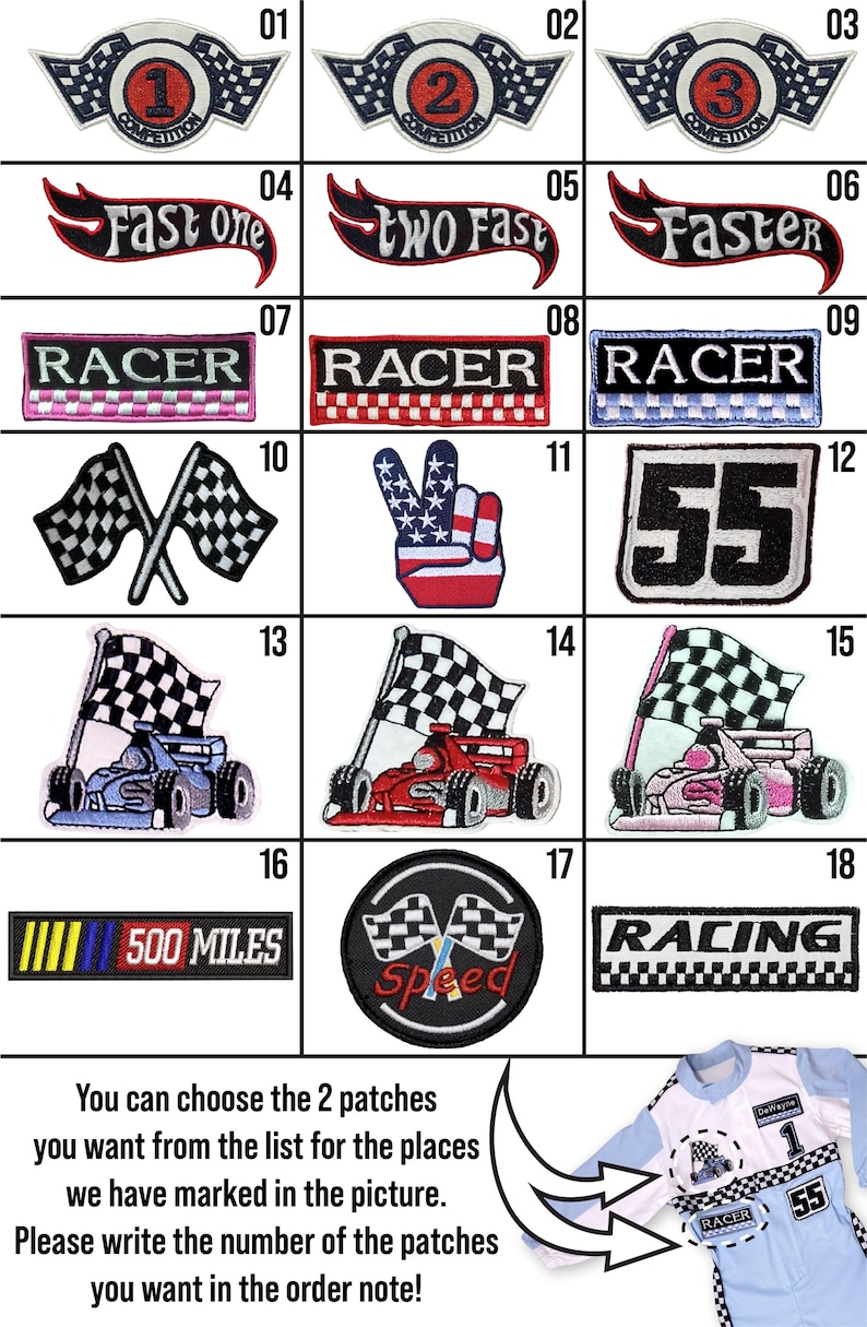 May include: A collection of 18 iron-on patches featuring racing themes. The patches include checkered flags, race cars, and phrases like "Fast One", "Two Fast", "Faster", and "Racer".