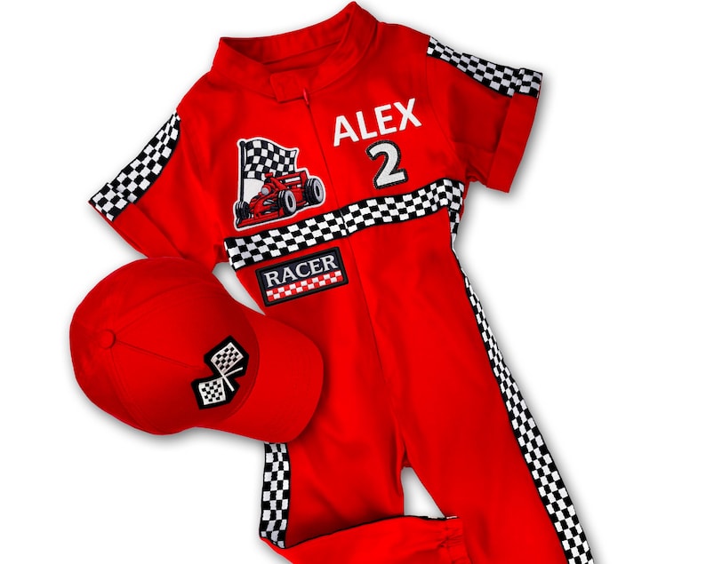 Red kids racing driver costume – short sleeve jumpsuit with black-white checkered stripes, race car patch, and “Racer” emblem. Includes matching red cap. Perfect for birthday parties, costume events, Halloween, and photo shoots with a Formula 1 theme.