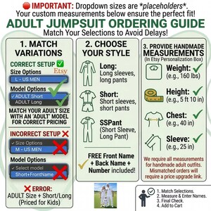 An instructional ordering guide specifically for adult-sized golf jumpsuits. It walks the customer through three steps: matching the variation, choosing a sleeve and leg style, and providing five specific body measurements (weight, height, chest, hips, sleeve) to ensure the handmade garment is tailored perfectly to their size.