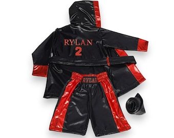 Personalisiertes Box-Kostüm in Rot und Schwarz für Kinder, Boxer Robe und Shorts mit benutzerdefiniertem Namen, Kleinkind-Champion-Sport-Geburtstags-Party-Outfit