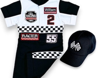 Black and White Toddler Race Car Costume-Two Fast Outfit - Fast One Birthday Suit - Custom Racer Outfit with Hat - Kids Racing Party Clothes