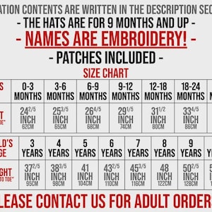 Detailed size chart covering all sizes from 0-3 months to 9-10 years. Includes measurements in inches and pounds to help you choose the right size for babies and children. Mentions that names are embroidered and patches are included, with contact info for adult orders.