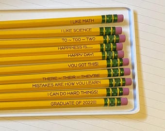 Ships FAST, Personalized Pencils, Custom Erasers, Inspirational Sayings, Back to School, Engraved Pencils, Student Gift, Ticonderoga Pencils