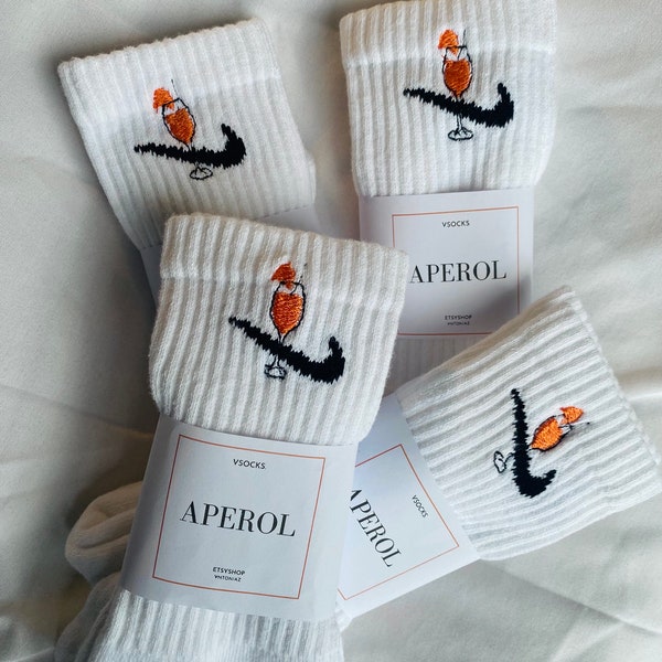 Aperol Socken / Hand Bestickte Tennissocken/ Aperol Spritz / Geschenkidee / Persönlich