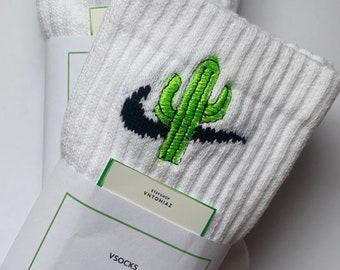 White embroidered tennis socks - retro tennis crew socks with cactus print for women and men - funny socks white - women's socks - cactus