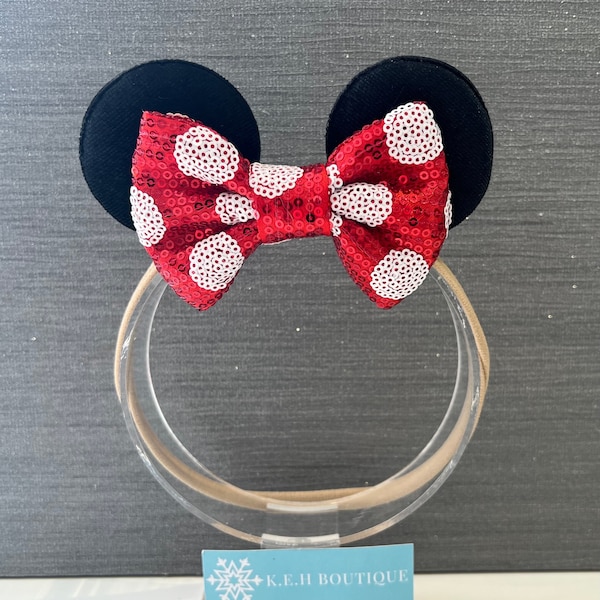 Bandeau élastique pour bébé, oreilles de Minnie Mickey Mouse d'inspiration Disney, nœud rouge à pois blancs