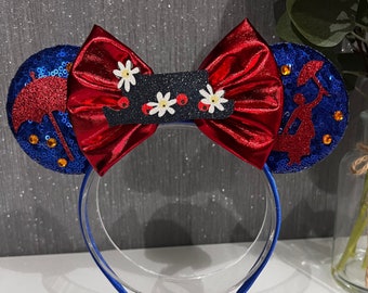 Mary Poppins Sequin Bow Disney inspired Mickey Minnie Mouse ears headband