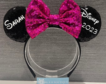 Personalised Disney inspired Mickey Minnie Mouse ears headband choice of Sequin Colour bow customised birthday