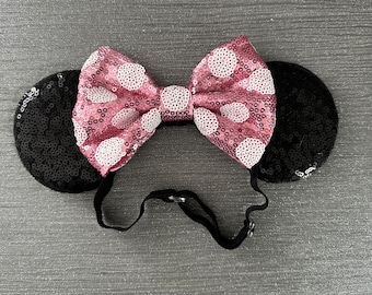 ADJUSTABLE adaptive Polka Dot Pink Disney inspired Mickey Minnie Mouse ears baby child adult headband wrap Adjustable strap, no headaches,