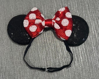 ADJUSTABLE adaptive Polka Dot Red Disney inspired Mickey Minnie Mouse ears baby child adult headband wrap soft elastic strap, no headaches,