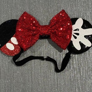 ADJUSTABLE adaptive Minnie & Mickey Mouse Disney inspired ears headband Mickey hands red bow