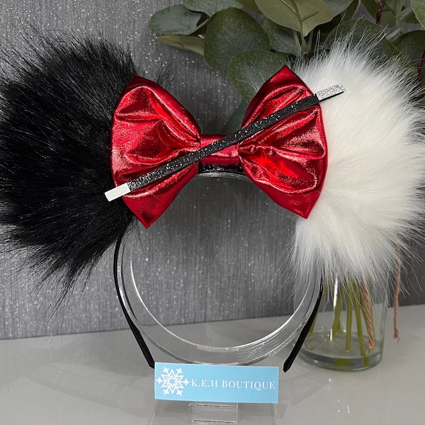 Cruella furry animal fur 101 Dalmatians Disney inspired Mickey Minnie Mouse ears headband