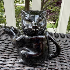 Vintage Black Cat Teapot Made in Japan MCM Redware Pottery Figural Cat Pitcher
