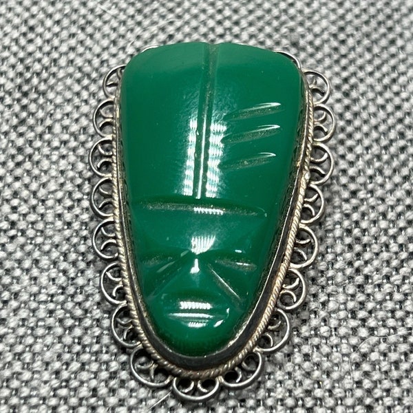 Vintage Carved Green Onyx Aztec Mayan Face Mask Sterling Silver Mexican Brooch, Signed Sterling Mexico