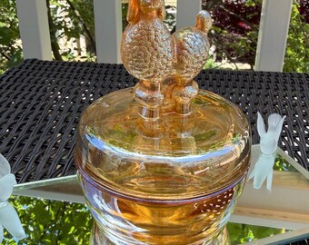 Vintage Jeanette Marigold Carnival Glass Vanity Jar with Poodle Lid