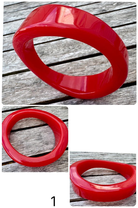 Retro Chunky Lucite Bangle: Red Geometric, Wide Y… - image 5