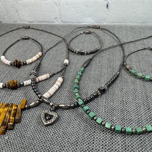 Vintage 1970s Southwestern Heishi Silver tone Necklace & Bracelet Sets, Tigers eye, Turquoise, Hematite, Your choice on set!
