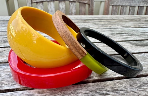 Retro Chunky Lucite Bangle: Red Geometric, Wide Y… - image 1