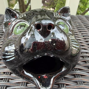 Vintage Shafford Black Cat Ashtray | Redware Ceramic Open Mouth Green Eyes | MCM