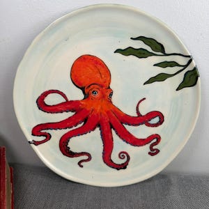 Vintage Octopus Ceramic Plate 9.5” Whimsical Eclectic Wall Art Unique Folk Pottery Designer Decor