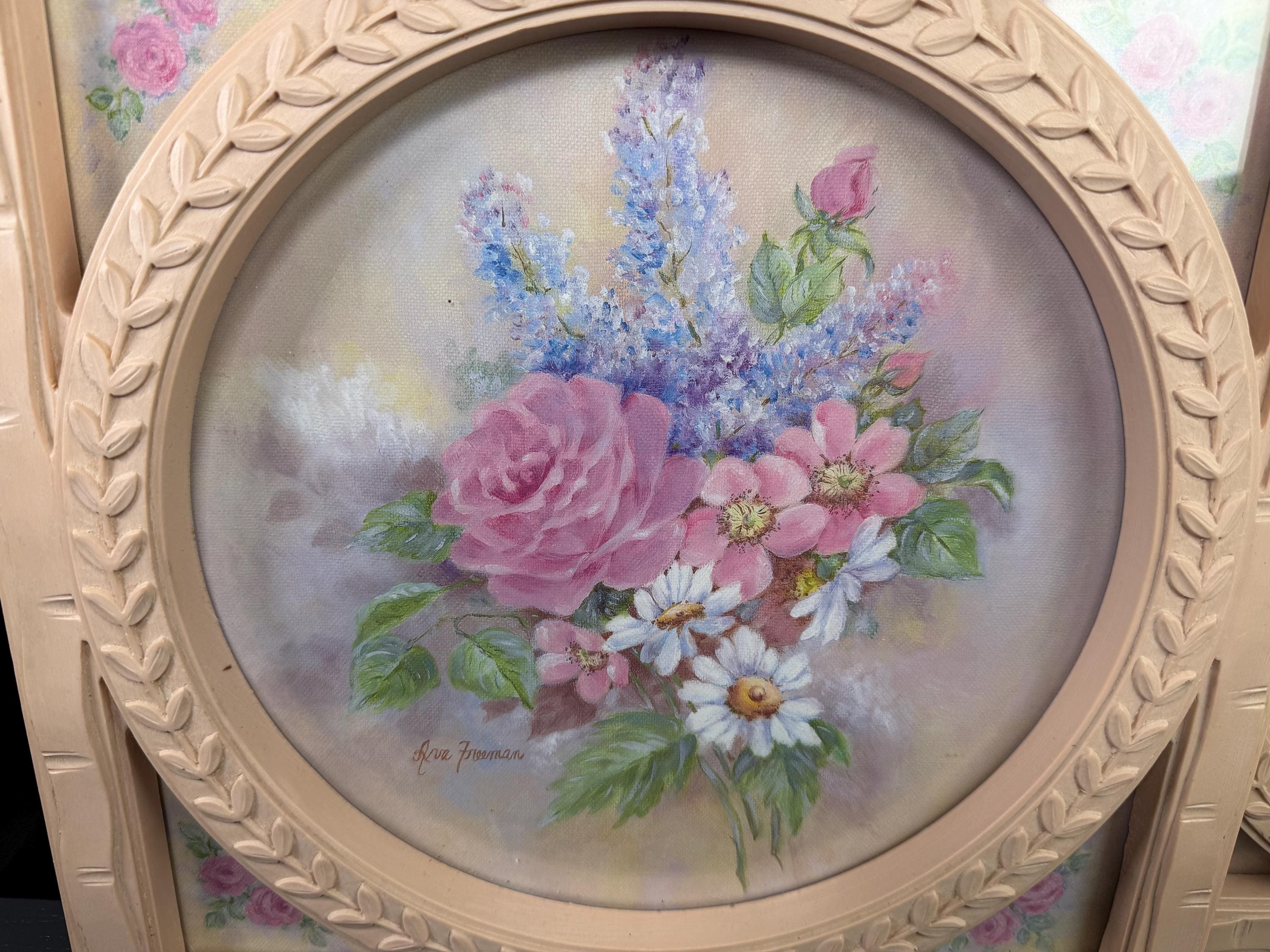 Pair 1980s Vintage Ava Freeman Framed Floral Rose Bouquet Art, Homco ...