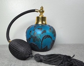 Vintage Blue Ombre Glass Perfume Atomizer Raised Floral Vanity Bottle Hollywood Regency
