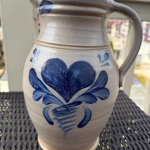 Rowe Pottery Works Stoneware Pitcher Heart Salt Glaze Cobalt Blue Farmhouse Vase Vintage Wisconsin Pottery 11”