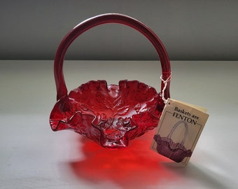 Vintage Fenton Red Glass Rose Pattern Basket with Handle,  Featuring Fred E. Bruce Basket Handler Marking