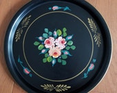 Vintage Black Metal Toleware Hand Painted 16 quot Round Tray