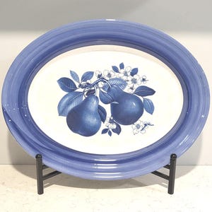 Vintage Italian Zrike Sophia Hand Painted Blue Serving Platter with Pears And Flowers