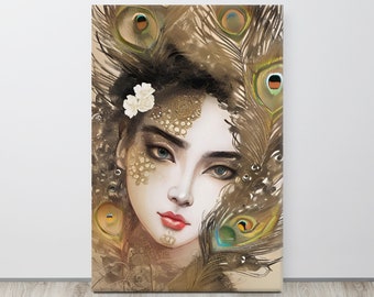 Geisha mit Pfauenfedern Leinwanddruck - Wandkunstdruck Deko