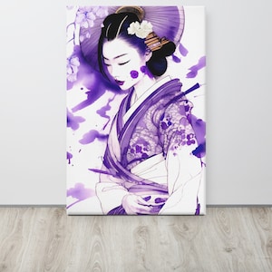 Japanese geisha with lotus flowers violet blue canvas print - Wall Art Deco
