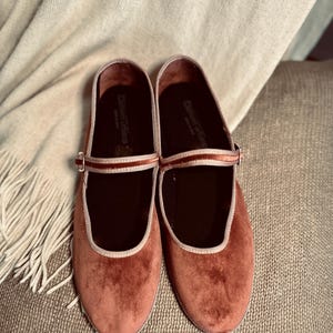 Puede incluir: Un par de bailarinas de terciopelo color &oacute;xido con una tira de cinta de sat&eacute;n. Los zapatos tienen una punta puntiaguda y un tac&oacute;n bajo.